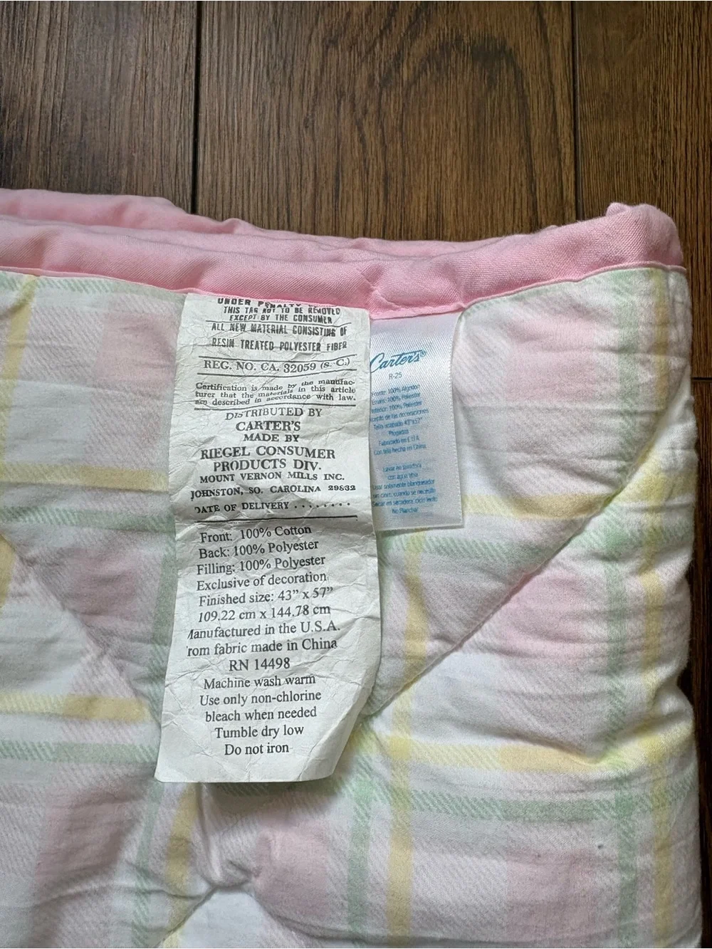 Vintage 90s Carter's Pastel Plaid Quilted Baby Crib Comforter